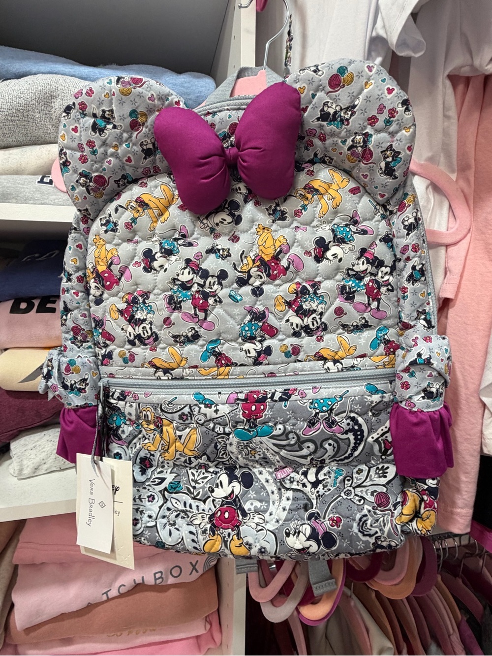 Vera Bradley Minnie Mouse Quilted Backpack - Gray with Magenta Bow and Ears, NEW